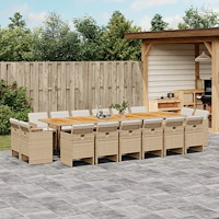 vidaXL Matgrupp för trädgården med dynor 17 delar beige konstrotting