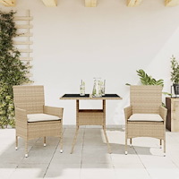 vidaXL Matgrupp för trädgård med dynor 3 delar beige konstrotting&glas