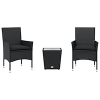 vidaXL Bistrogrupp med dynor 3 delar svart konstrotting och glas