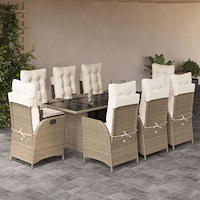 vidaXL Matgrupp för trädgården med dynor 9 delar beige konstrotting