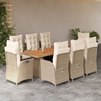 vidaXL Matgrupp för trädgården med dynor 9 delar beige konstrotting