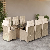 vidaXL Matgrupp för trädgården med dynor 9 delar beige konstrotting