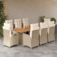 vidaXL Matgrupp för trädgården med dynor 9 delar beige konstrotting