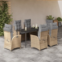 vidaXL Matgrupp för trädgården med dynor 7 delar beige konstrotting
