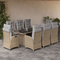 vidaXL Matgrupp för trädgården med dynor 9 delar mixbeige konstrotting