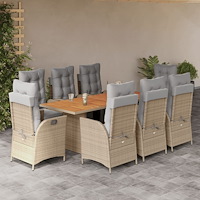 vidaXL Matgrupp för trädgården med dynor 9 delar mixbeige konstrotting