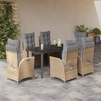 vidaXL Matgrupp för trädgården med dynor 7 delar beige konstrotting