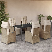 vidaXL Matgrupp för trädgården med dynor 7 delar beige konstrotting
