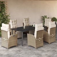 vidaXL Matgrupp för trädgården med dynor 7 delar beige konstrotting