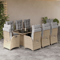 vidaXL Matgrupp för trädgården med dynor 9 delar mixbeige konstrotting
