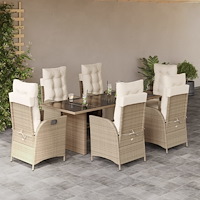 vidaXL Matgrupp för trädgården med dynor 7 delar beige konstrotting