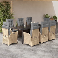 vidaXL Matgrupp för trädgården med dynor 9 delar beige konstrotting