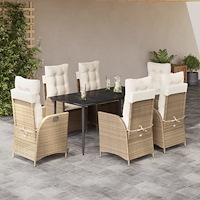 vidaXL Matgrupp för trädgården med dynor 7 delar beige konstrotting
