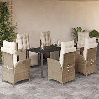 vidaXL Matgrupp för trädgården med dynor 7 delar beige konstrotting