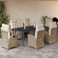 vidaXL Matgrupp för trädgården med dynor 7 delar beige konstrotting