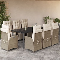 vidaXL Matgrupp för trädgården med dynor 9 delar beige konstrotting