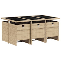 vidaXL Matgrupp för trädgården med dynor 7 delar beige konstrotting