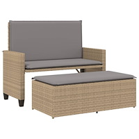 vidaXL Trädgårdsbänk med dynor och fotpall beige konstrotting