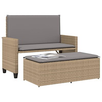 vidaXL Trädgårdsbänk med dynor och fotpall beige konstrotting