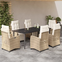 vidaXL Matgrupp för trädgården med dynor 7 delar beige konstrotting