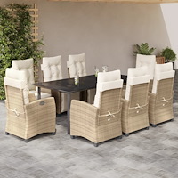 vidaXL Matgrupp för trädgården med dynor 9 delar beige konstrotting