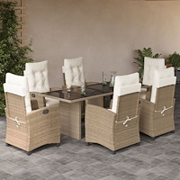 vidaXL Matgrupp för trädgården med dynor 7 delar beige konstrotting