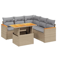 vidaXL Soffgrupp för trädgården med dynor 6 delar beige konstrotting