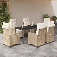 vidaXL Matgrupp för trädgården med dynor 7 delar beige konstrotting