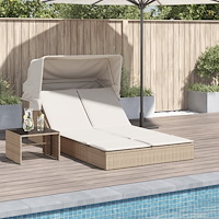 vidaXL Dubbel solsäng med tak och dynor beige konstrotting