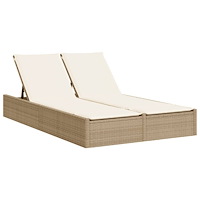 vidaXL Dubbel solsäng med dynor beige konstrotting