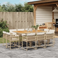 vidaXL Matgrupp för trädgården med dynor 11 delar beige konstrotting