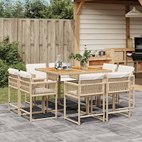 vidaXL Matgrupp för trädgården med dynor 9 delar beige konstrotting