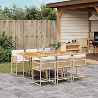 vidaXL Matgrupp för trädgården med dynor 7 delar beige konstrotting