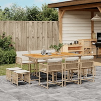 vidaXL Matgrupp för trädgården med dynor 11 delar beige konstrotting