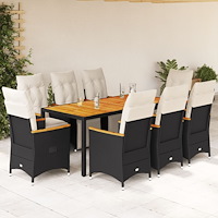 vidaXL Caféset med dynor 9 delar konstrotting svart