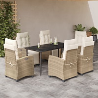 vidaXL Matgrupp för trädgården med dynor 7 delar beige konstrotting