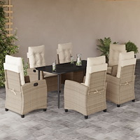 vidaXL Matgrupp för trädgården med dynor 7 delar beige konstrotting
