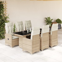 vidaXL Caféset för trädgården 7 delar med dynor beige konstrotting