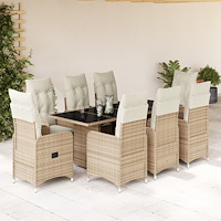 vidaXL Caféset för trädgården 9 delar med dynor beige konstrotting