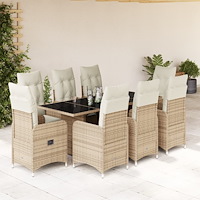 vidaXL Caféset för trädgården 9 delar med dynor beige konstrotting