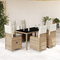 vidaXL Caféset för trädgården 7 delar med dynor beige konstrotting
