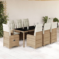 vidaXL Caféset för trädgården 9 delar med dynor beige konstrotting