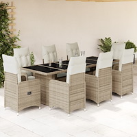 vidaXL Caféset för trädgården 9 delar med dynor beige konstrotting