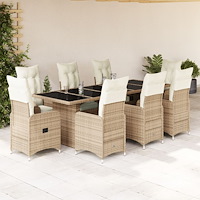 vidaXL Caféset för trädgården 9 delar med dynor beige konstrotting