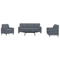 vidaXL Soffgrupp med dynor och bolster 3 delar mörkgrå sammet