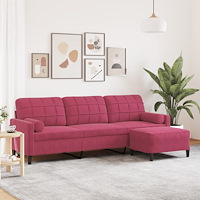 vidaXL 3-sitssoffa med fotstöd vinröd 210 cm sammet