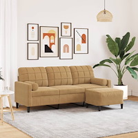 vidaXL 3-sitssoffa med fotpall brun 180 cm sammet