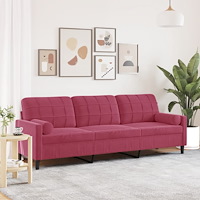vidaXL 3-sitssoffa med prydnadskuddar vinröd 210 cm sammet