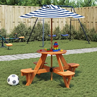 vidaXL Picknickbord med parasoll för 4 barn massivt granträ