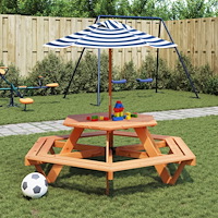 vidaXL Picknickbord med parasoll för 6 barn sexkantigt massivt granträ